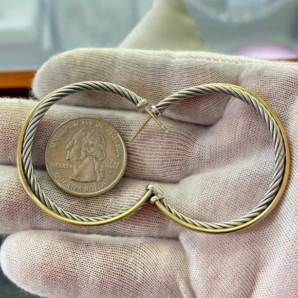 David Yurman 925 & 18k Gold Crossover Cable Hoop Earrings 1.75" - Picture 4 of 8